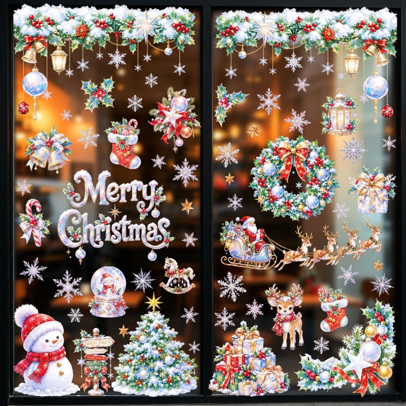 Snowflake Window Decal - สติ๊กเกอร์ติดกระจกคริสต์มาสแบบคงที่ 9 แผ่น ลายซานตา มนุษย์หิมะ กวางเรนเดียร์