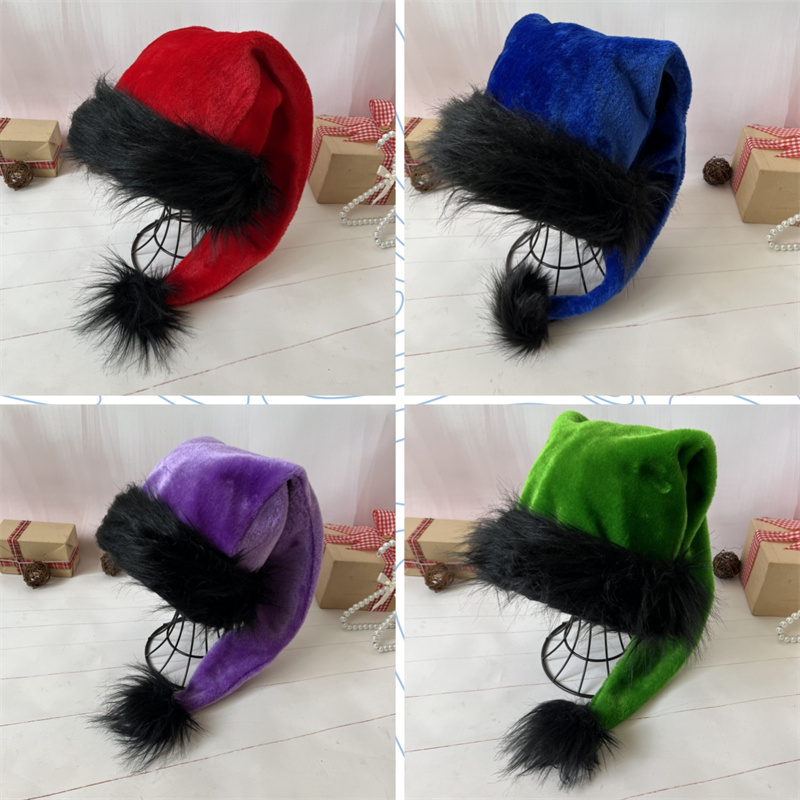 Santa Hat Plush - หมวกซานตาคลอสตุ๊กตาสําหรับเด็กและผู้ใหญ่,ขอบสีดํา,หมวกคริสต์มาส,หมวกคริสต์มาส,คุณภาพสูง,PARTY Decor,ฮาโลวีน,75 ซม.