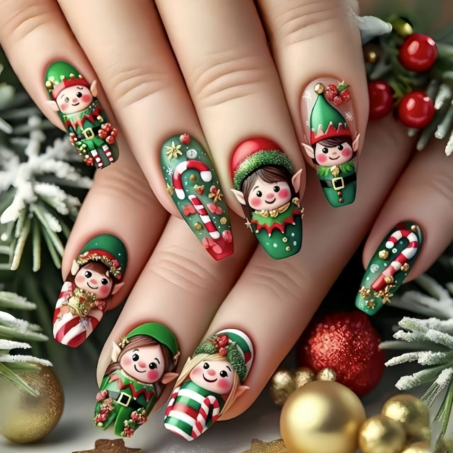 Christmas Tree Artificial - เล็บปลอมขนาดกลางสำหรับงานปาร์ตี้คริสต์มาส ลายเกล็ดหิมะ ต้นคริสต์มาส ซานตาคลอส เอลฟ์ อลซ์มอนด์
