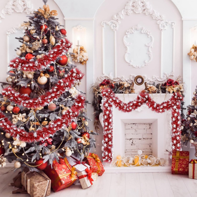 Tinsel Garland Decoration - ริบบิ้นตกแต่งคริสต์มาส 1 ชิ้น รูปเกล็ดหิมะสีแดง สำหรับตกแต่งร้านอาหาร ร้านค้า