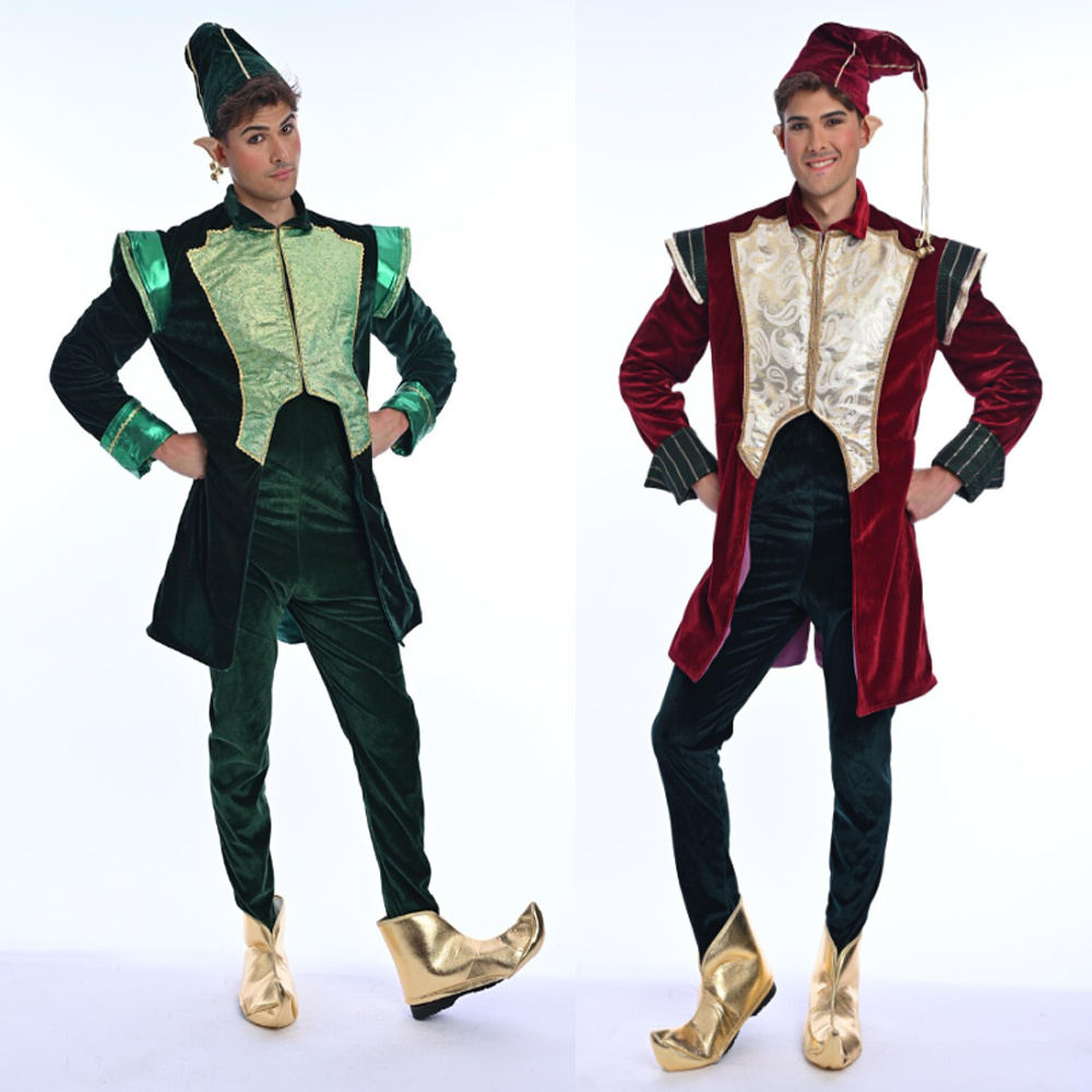 Elf Costume Christmas - ชุดคอสตูมเอลฟ์ซานตาคลอสผ้ากำมะหยี่หรูหรา สำหรับงานปาร์ตี้ปีใหม่ การแสดงบนเวที ชุดเอลฟ์ซานตาคลอสสำหรับผู้ชายผู้ใหญ่