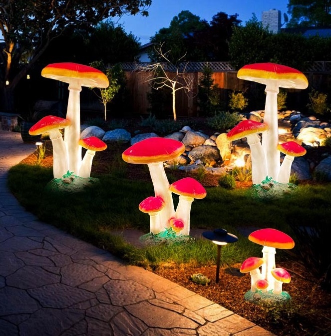 Christmas Lights Outdoor - รูปปั้นเห็ดจำลองขนาดเท่าของจริง กันน้ำ พร้อมไฟ ตกแต่งสวนกลางแจ้งสำหรับเทศกาลคริสต์มาส ทำจากไฟเบอร์กลาส