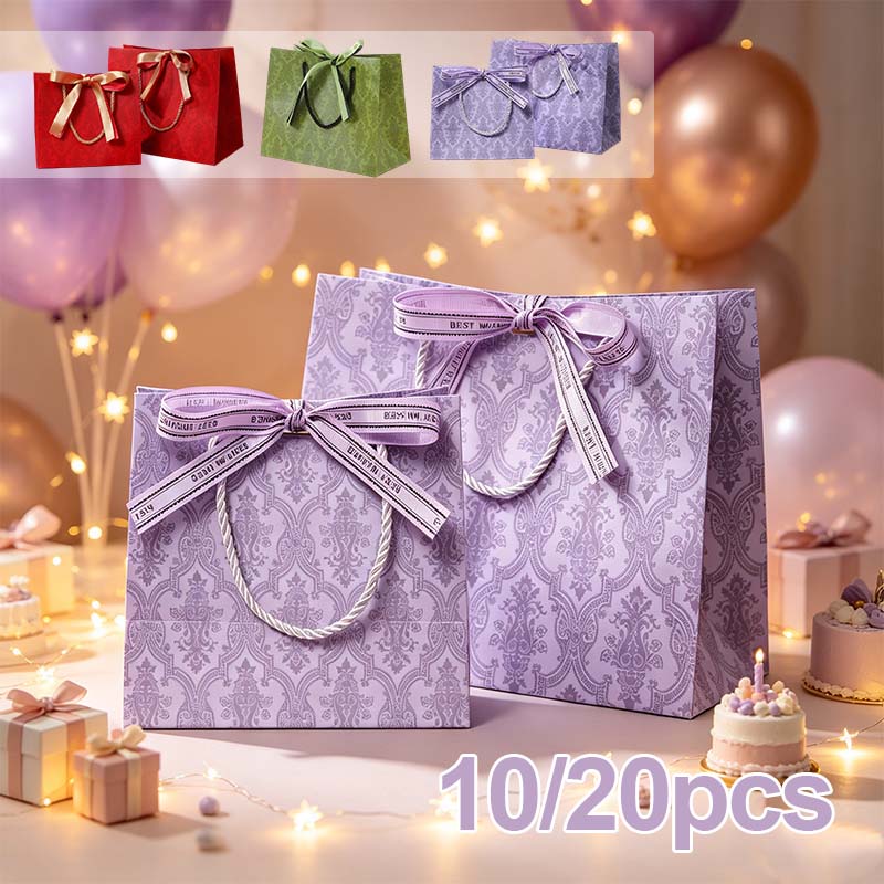 Gift Box Wrap Set - ถุงช้อปปิ้งกระดาษแข็งหนาหรูหรา สีเขียว/แดง/ม่วงสไตล์เรโทร พร้อมกล่องของขวัญและริบบิ้นสำหรับงานปาร์ตี้ งานแต่งงาน และเทศกาล ชุด